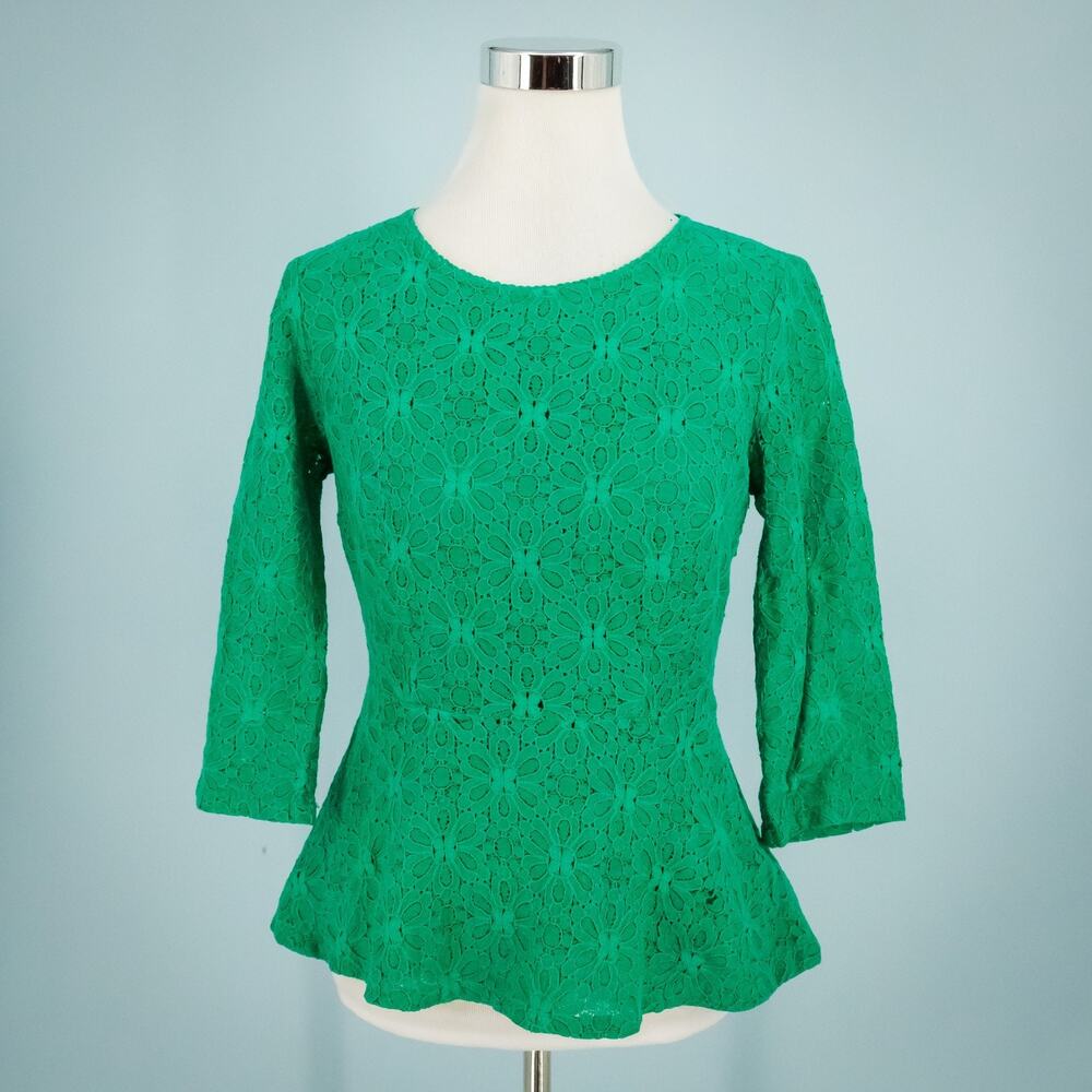 Moulinette Soeurs Anthropologie Size 6 Green Lace Overlay Peplum Hem Top Blouse